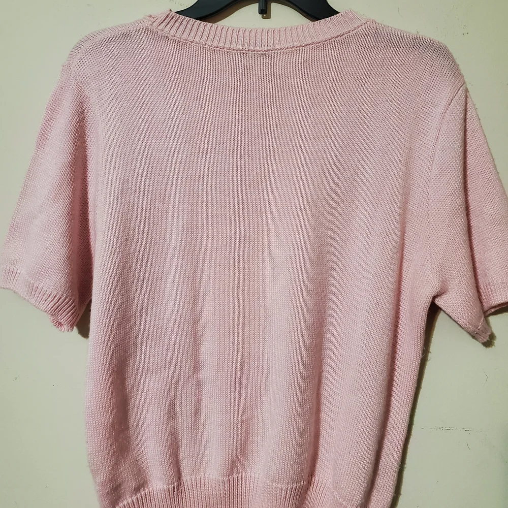 Vintage Pink & White Geometric Print Preppy Short Sleeve Sweater Argyle Retro M - Picture 4 of 4